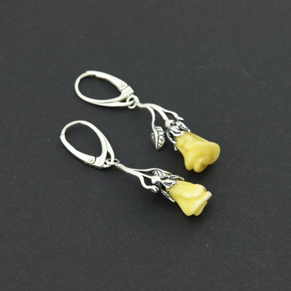 Sterling silver earrings with natural Baltic amber, amber rose drop earrings - Picture 8 of 14